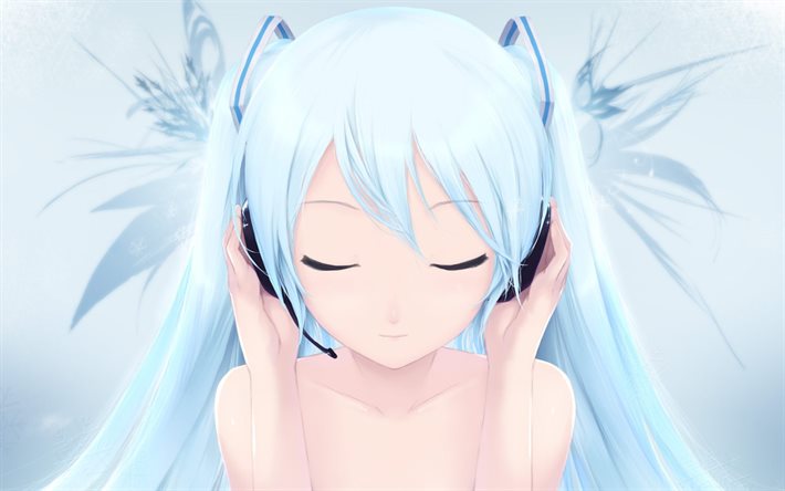 Hatsune Miku, casque audio, cheveux bleus, Vocaloid