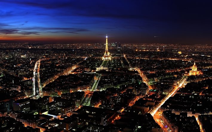 Paris, Eyfel Kulesi, gece, panorama, Fransa