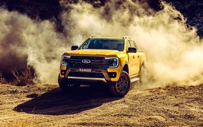 4k, Ford Ranger, offroad, 2023 cars, dust, pickups, Yellow Ford Ranger, 2023 Ford Ranger, american cars, Ford