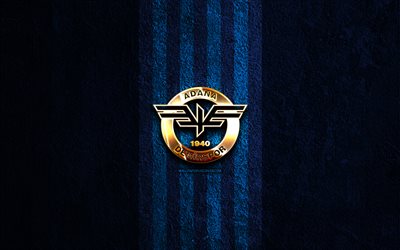 adana demirspor goldenes logo, 4k, hintergrund aus blauem stein, superlig, türkischer fußballverein, adana demirspor logo, fußball, adana demirspor emblem, adana demirspor, adana demirspor fc