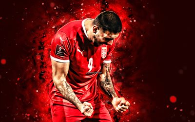 alejandro mitrovic, 4k, luces de neón rojas, selección de fútbol de serbia, fútbol, futbolistas, fondo abstracto rojo, alejandro mitrovic 4k