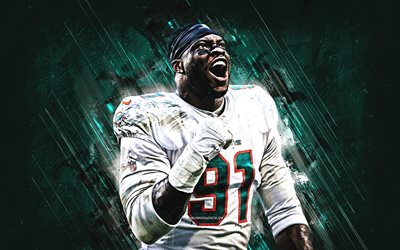 Emmanuel Ogbah, Miami Dolphins, portrait, NFL, nigerian american football player, turquoise stone background, USA, american football, National Football League