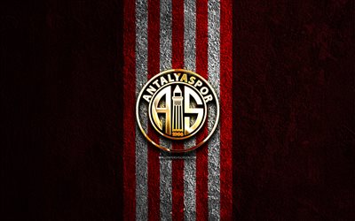 Antalyaspor golden logo, 4k, red stone background, Super Lig, turkish football club, Antalyaspor logo, soccer, Antalyaspor emblem, Antalyaspor, football, Antalyaspor FC