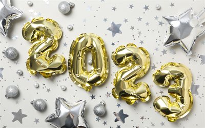 4k, 2023 felice anno nuovo, palloncini dorati realistici, stelle, concetti del 2023, cifre di palloncini 2023, felice anno nuovo 2023, creativo, 2023 sfondo bianco, anno 2023, 2023 cifre 3d
