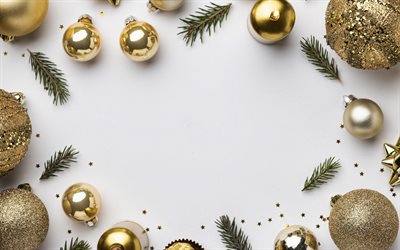 marco de navidad, 4k, bolas doradas de navidad, adornos navideños dorados, fondo dorado de navidad, plantilla de tarjeta de felicitación de navidad, feliz navidad