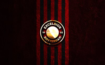 excelsior 로테르담 황금 로고, 4k, 붉은 돌 배경, 에레디비시, 네덜란드 축구 클럽, 엑셀시어 로테르담 로고, 축구, 엑셀시어 로테르담 엠블럼, 엑셀시어 로테르담, 엑셀시어 로테르담 fc