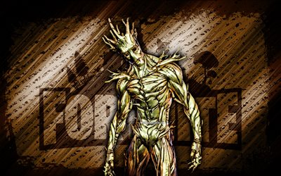 Gold Foil Groot Fortnite, 4k, brown diagonal background, grunge art, Fortnite, artwork, Gold Foil Groot Skin, Fortnite characters, Gold Foil Groot, Fortnite Gold Foil Groot Skin