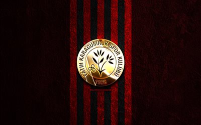 fatih karagumruk の金色のロゴ, 4k, 赤い石の背景, スーパーリグ, トルコのサッカークラブ, ファティ・カラグムルックのロゴ, サッカー, ファティ・カラグムルックの紋章, ファティ・カラグムルック, フットボール, ファティ・カラグムルックfc