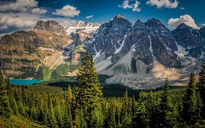 lago moraine, alberta, floresta, verão, marcos canadenses, montanhas, lagos azuis, vale dos dez picos, parque nacional de banff, hdr, conceitos de viagem, canadá, banff
