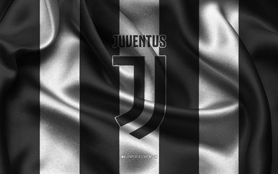 4k, logo juventus, tessuto di seta bianco nero, società di calcio italiana, stemma della juventus, serie a, italia, calcio, bandiera della juventus