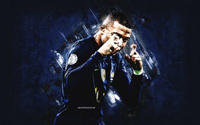 kylian mbappé, ritratto, psg, calciatore francese, attaccante, parigi saint germain, sfondo di pietra blu, liga 1, calcio, francia