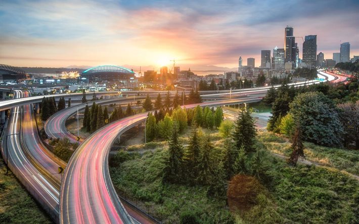 Seattle, puesta de sol, carretera, América, Washington, estados UNIDOS