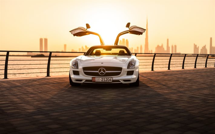 Mercedes-Benz SLS AMG, supercars, white mercedes