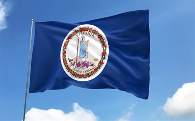 फ्लैगपोल पर वर्जीनिया ध्वज, 4k, अमेरिकन स्टेट्स, नीला आकाश, वर्जीनिया का झंडा, लहराती साटन झंडे, अमेरिकी राज्य, झंडे के साथ झंडे, संयुक्त राज्य अमेरिका, वर्जीनिया का दिन, यूएसए, वर्जीनिया