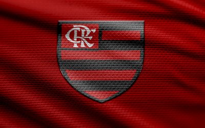 Flamengo RJ fabric logo, 4k, red fabric background, Brazilian Serie A, bokeh, soccer, Flamengo RJ logo, football, Flamengo RJ emblem, Flamengo RJ, Brazilian football club, Flamengo FC