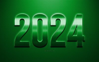 4k, 2024 mutlu yıllar, yeşil 2024 arka plan, 2024 metal harfler, mutlu yıllar 2024, mor doku, 2024 kavramlar, 2024 tebrik kartı