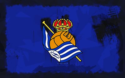 logotipo grunge real sociedad, 4k, laliga, fundo azul grunge, futebol, emblema real sociedad, logotipo real sociedad, real sociedad, clube de futebol espanhol, real sociedad fc