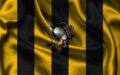 4k, Pittsburgh Penguins logo, yellow-black silk fabric, American hockey team, Pittsburgh Penguins emblem, NHL, Pittsburgh Penguins, USA, hockey, Pittsburgh Penguins flag