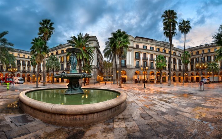 Barcellona, Catalogna, Spagna, fontana, sera