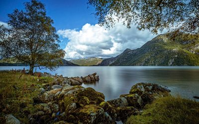 lago, montanhas, rochas, margem do lago, noruega, bjerkreim, rogaland