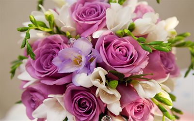 बैंगनी रंग के गुलाब के फूल, दुल्हन बुके, गुलदस्ता, गुलाब की शादी के गुलदस्ते