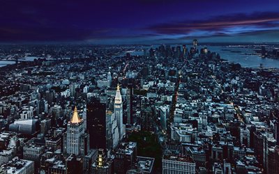 America, Manhattan, notturna, sullo skyline di New York, USA