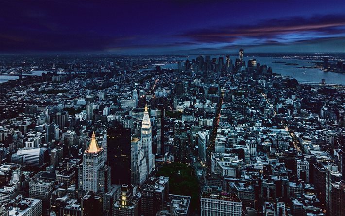 L'amérique, Manhattan de nuit, ligne d'horizon de New York, états-unis