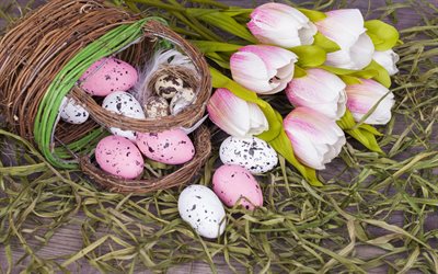 Easter, spring, pink tulips, easter eggs