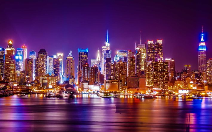 Nueva York, skyline, noche, río Hudson, estados UNIDOS, WTC, estados unidos