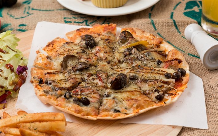 fast food, pizza, grande pizza, pizza aux champignons