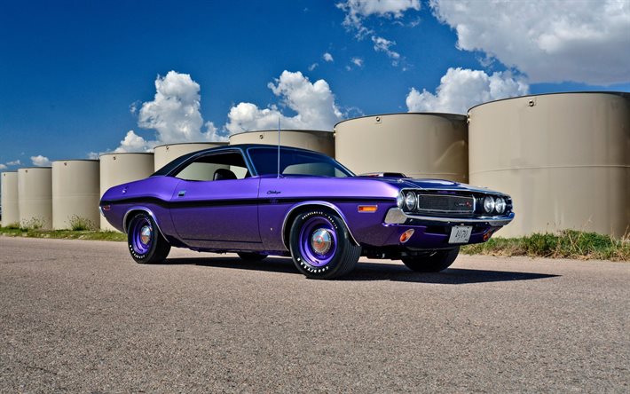 Dodge Challenger muscle cars, 1970 coches, púrpura Challenger, supercars, Dodge