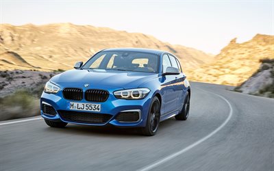 BMW M140i, 2018, Blue BMW, hatchback, bmw 1, German cars