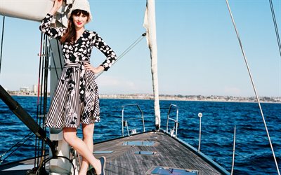 Zooey Deschanel, American actress, yacht, beautiful woman, sea
