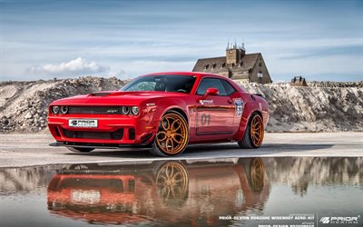 Prior-Design, 2016, Dodge Challenger Hellcat, supercars, puddle, red Challenger