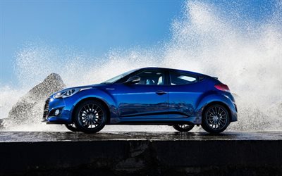 Hyundai Veloster, Calle Turbo, supercars, 2016, muelle, azul Hyundai