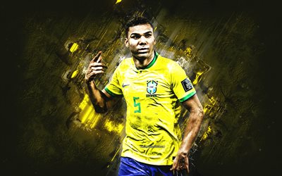 casemiro, squadra di calcio nazionale brasiliano, calciatore brasiliano, sfondo di pietra gialla, grunge art, brasile, calcio, carlos henrique casimiro