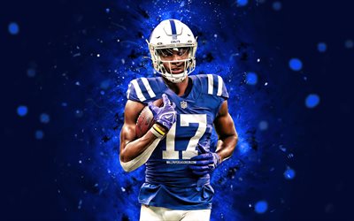 Mike Strachan, 4k, blue neon lights, Indianapolis Colts, NFL, American football, Mike Strachan 4K, blue abstract background, National Football League, Michael Strachan Indianapolis Colts