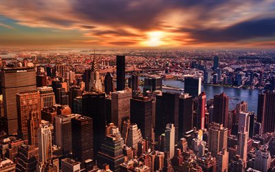 manhattan, 4k, coucher de soleil, hdr, la ville de new york, villes américaines, grattes ciels, paysage urbain de new york, etats unis, new york, panorama de new york