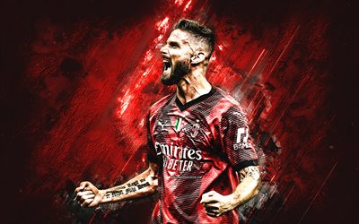 olivier giroud, ac milan, fransk fotbollsspelare, porträtt, röd stenbakgrund, serie a, italien, fotboll