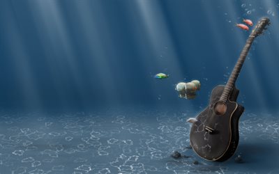 gitarr, undervatten, kreativ, fisk