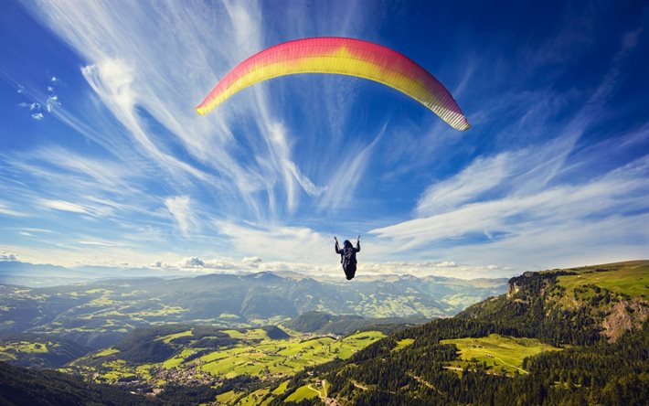 Paragliding, flight, parachute, sky, mountains