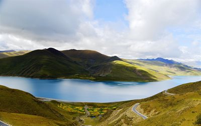 YamdrokTso Cennet Göl, bulutlar, sahil, göl, Tibet