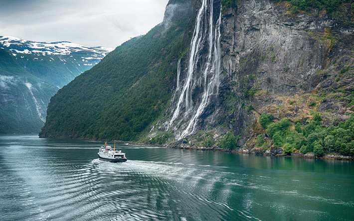Geiranger fjord, पहाड़ों, झरने, जहाज, नॉर्वे