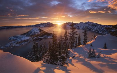 Parc National de Crater Lake, hiver, coucher de soleil, montagne, Amérique, etats-unis