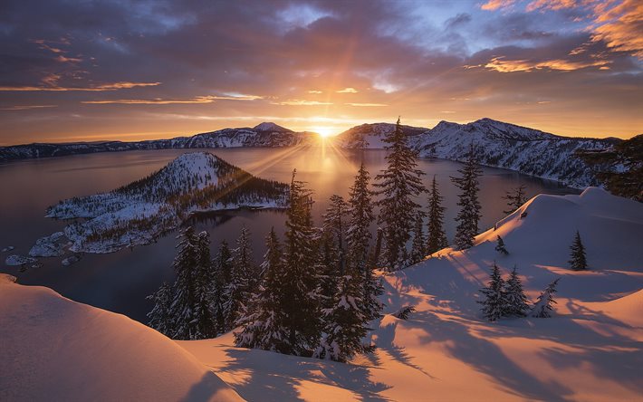 فوهة بحيرة الحديقة الوطنية, الشتاء, غروب الشمس, الجبل, أمريكا, الولايات المتحدة الأمريكية