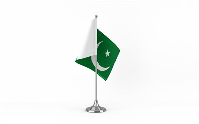 4k, bandiera da tavolo del pakistan, sfondo bianco, bandiera del pakistan, bandiera del pakistan sul bastone di metallo, simboli nazionali, pakistan