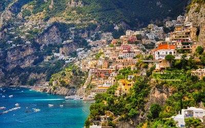 Positano, estate, mare, costa, costiera Amalfitana, del Golfo di Salerno, Italia