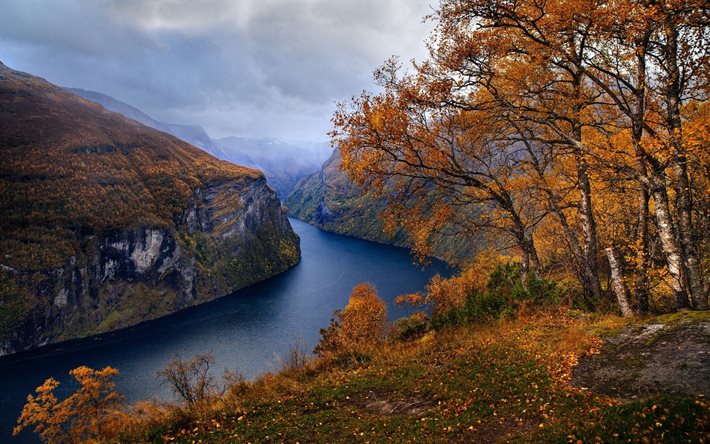 noruega, fiorde, outono, rochas, montanhas