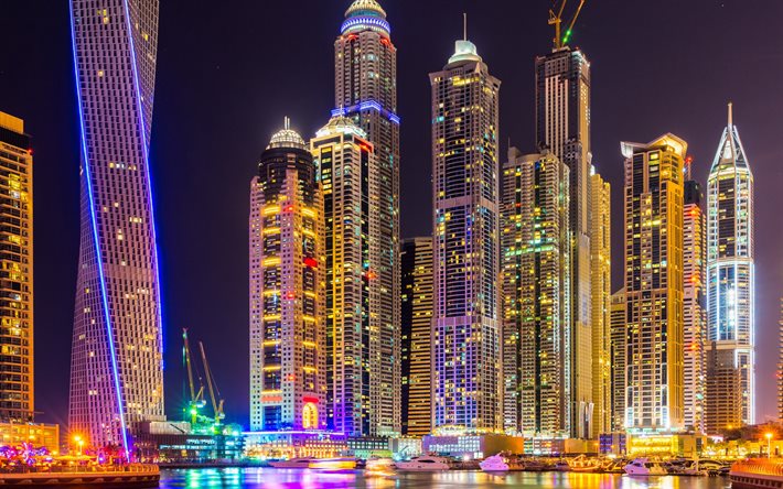 Dubai, gece, neon ışıkları, Birleşik Arap Emirlikleri