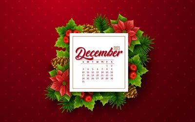 ديسمبر 2023 التقويم, 4k, عناصر عيد الميلاد, 2023 مفاهيم, ديسمبر, خلفية حمراء, 2023 ديسمبر التقويم, تقويم ديسمبر 2023, الفن الإبداعي